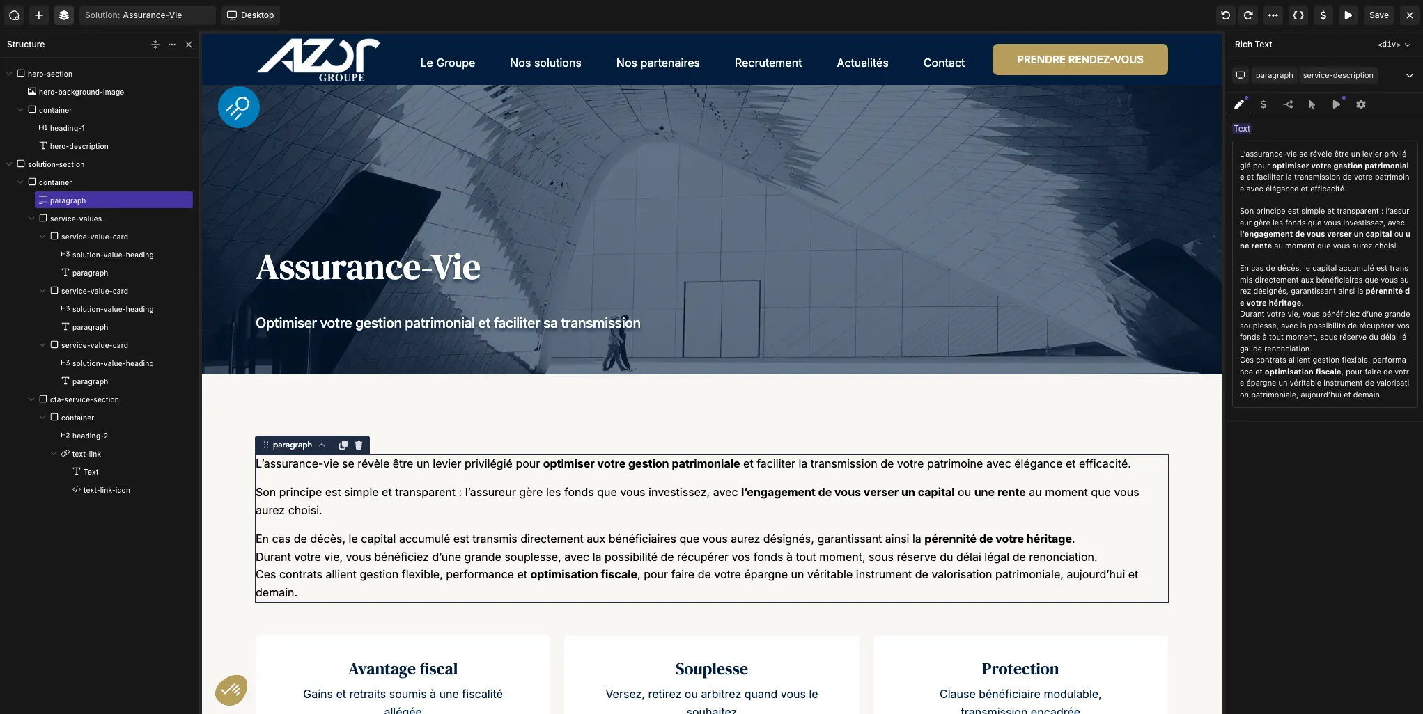 Vue du site d'Azor GP depuis Oxygen Builder sous Wordpress