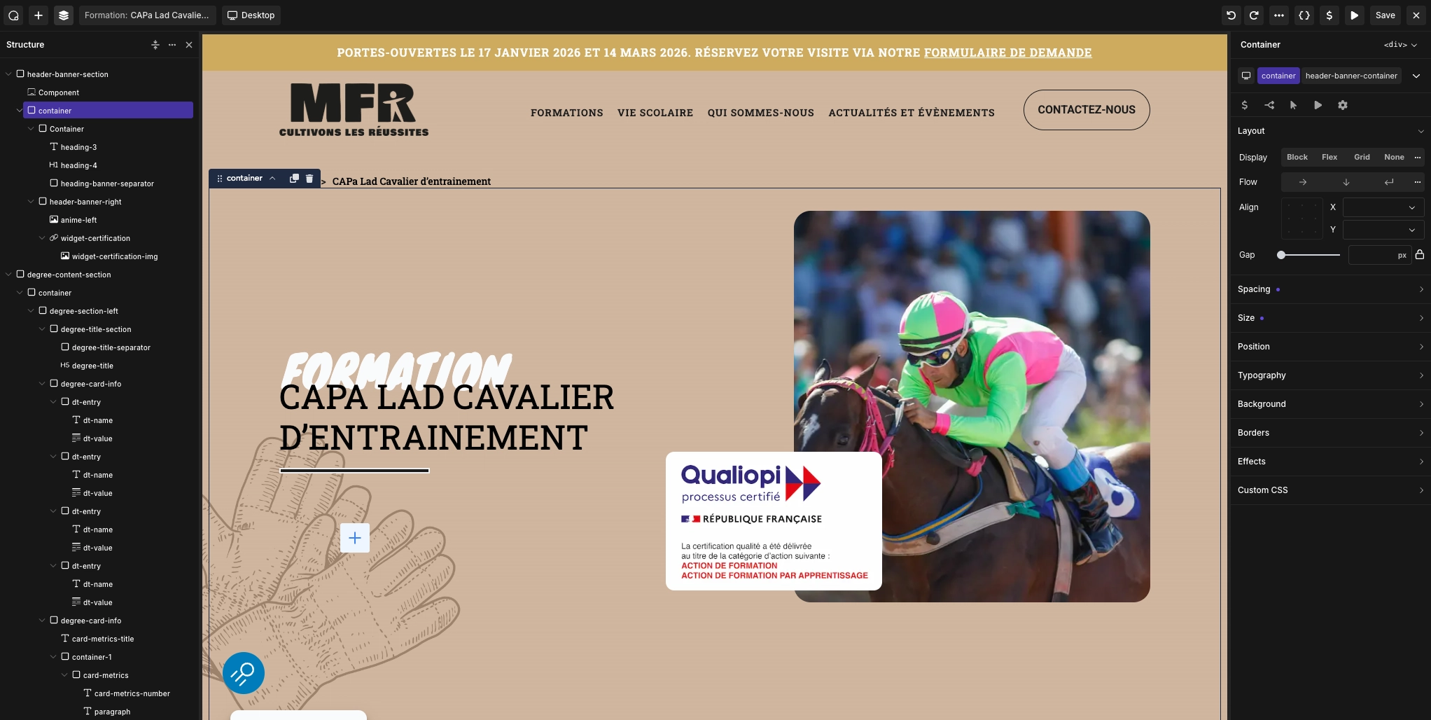 Vue du site de la MFR Hippique depuis Oxygen Builder sous Wordpress